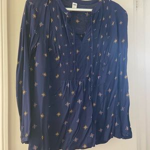 Navy blue and floral Old Navy blouse with tie front, Size large long sleeve